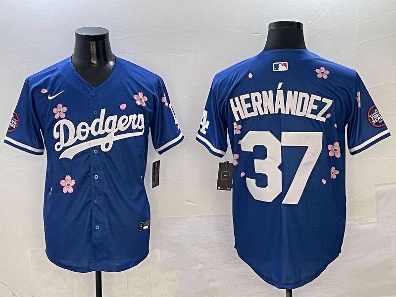 Men Los Angeles Dodgers #37 Hernandez Blue Sakura Edition 2025 Nike MLB Jersey style 1